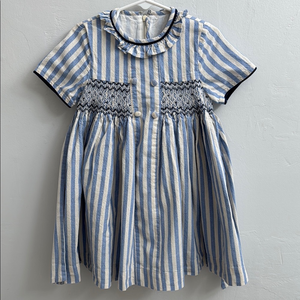Girls Blue and White Striped Smocked Dress